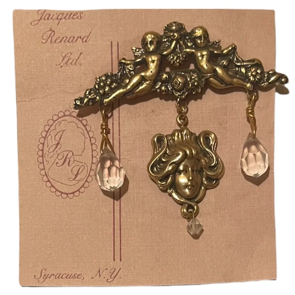 Victorian Angel Brooch Pin Romantic Cherub Ornate Gold Floral Crystal Gemstone